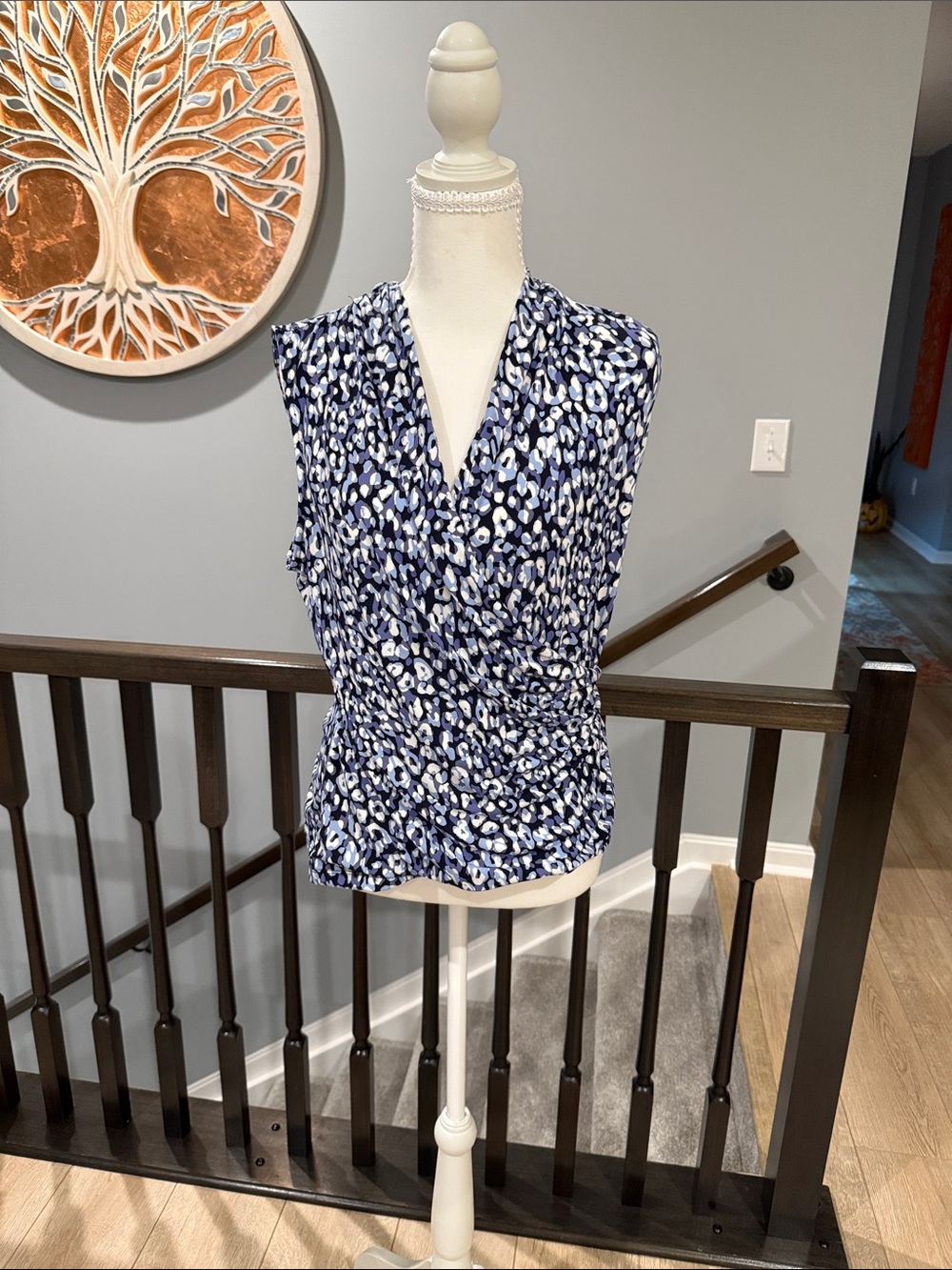 Tahari Navy and White Sleeveless Wrap-Style Camisole
